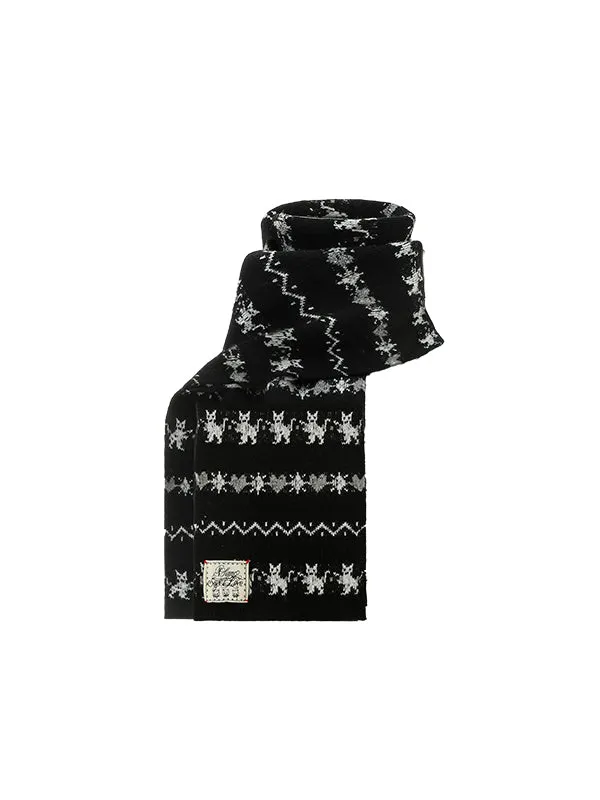 Cat Jacquard Slim-Fit Knit Cardigan & Scarf