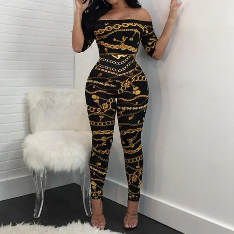 Chain Vintage Print High Waist Off Shoulder Jumpsuit Romper