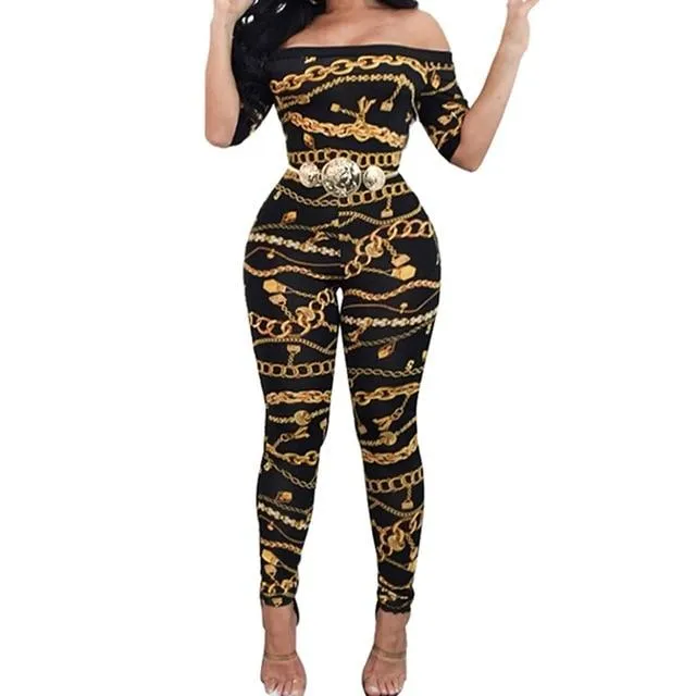 Chain Vintage Print High Waist Off Shoulder Jumpsuit Romper