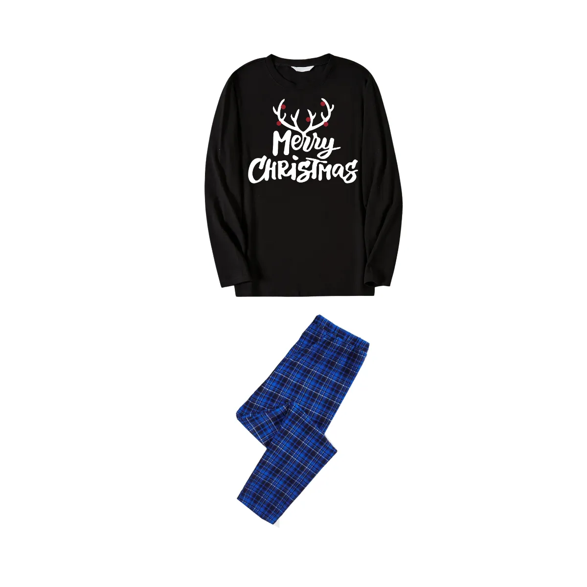 Christmas Antlers and Merry Christmas Print Black Long Sleeve Top with Blue & Black Plaid Family Matching Pajamas