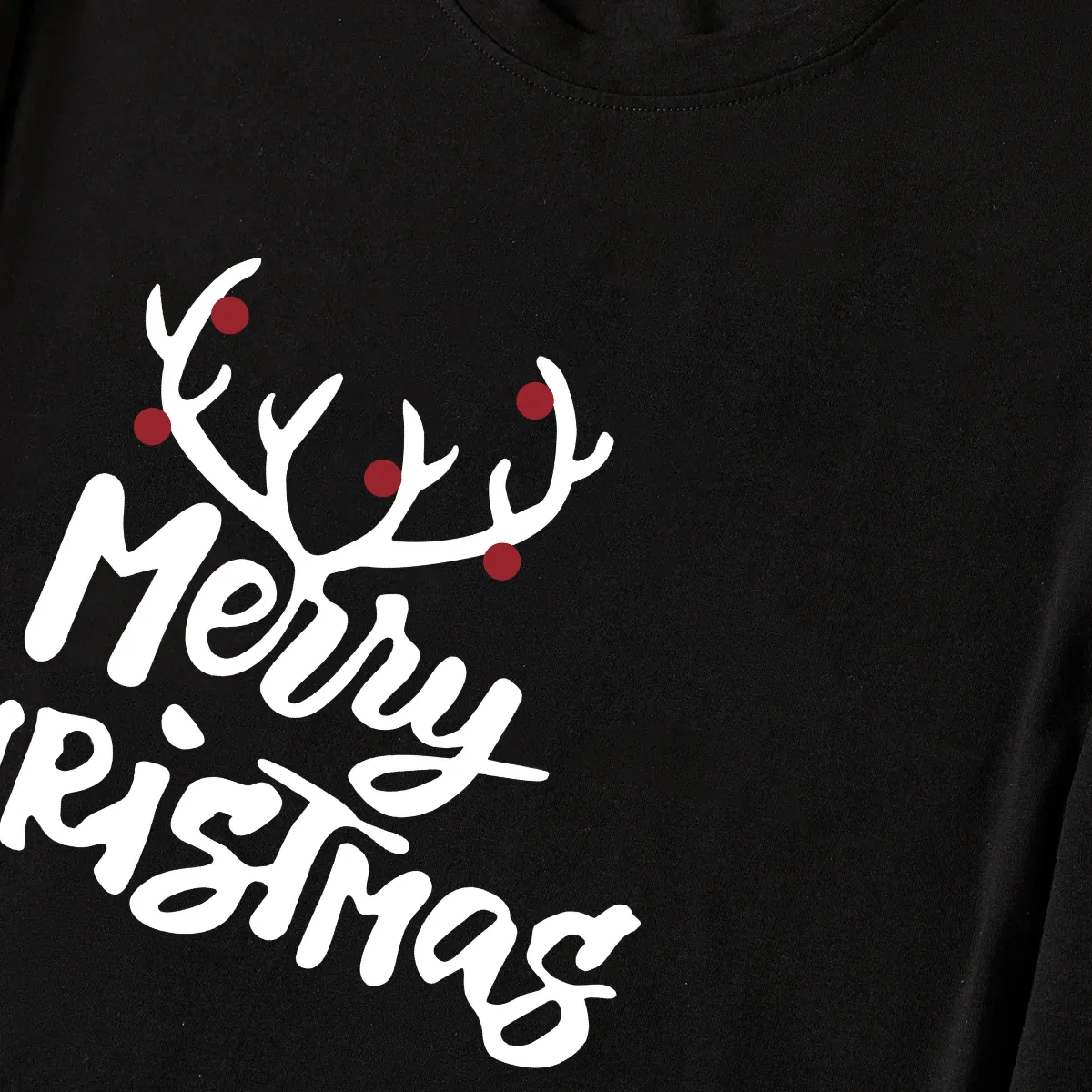 Christmas Antlers and Merry Christmas Print Black Long Sleeve Top with Blue & Black Plaid Family Matching Pajamas