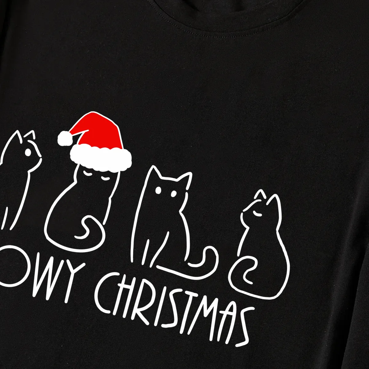 Christmas Cartoon Cat Print Black Long Sleeve Top with Blue & Black Plaid Family Matching Pajamas