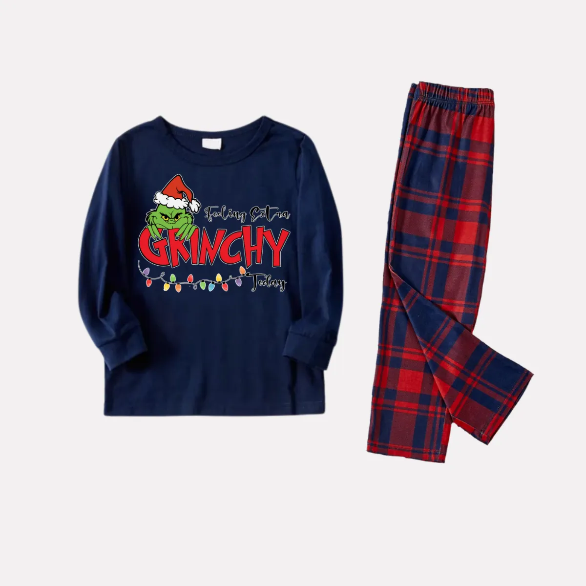 Christmas Cartoon Pattern and Light Print Blue Long Sleeve Top with Red & Blue Plaid Family Matching Pajamas