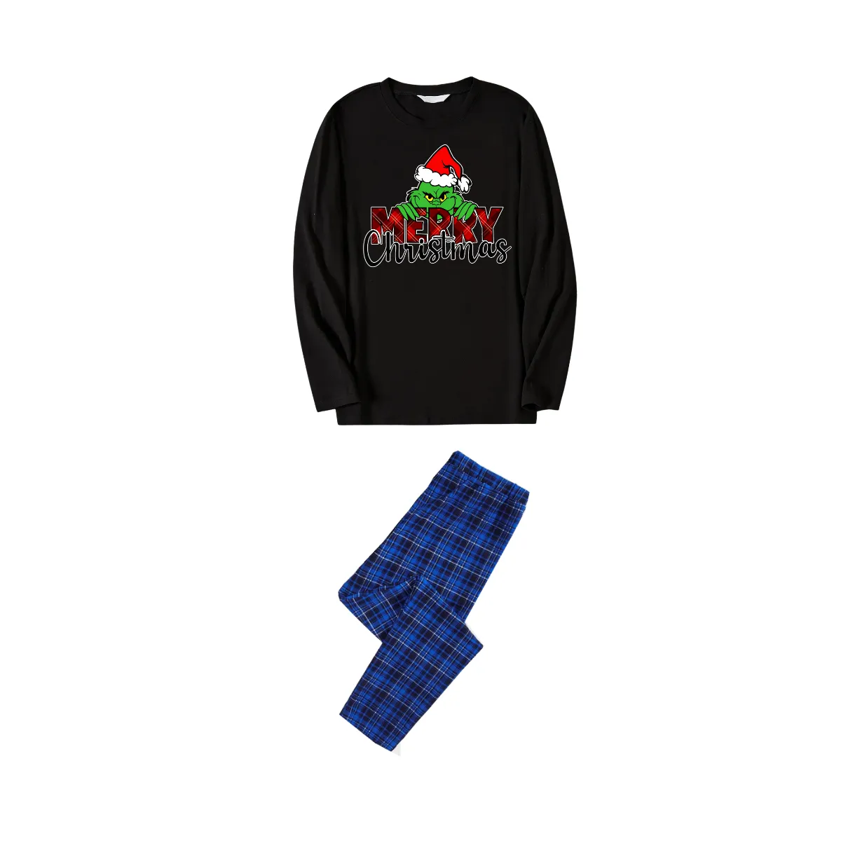 Christmas Cartoon Pattern and Merry Christmas Print Black Long Sleeve Top with Blue & Black Plaid Family Matching Pajamas