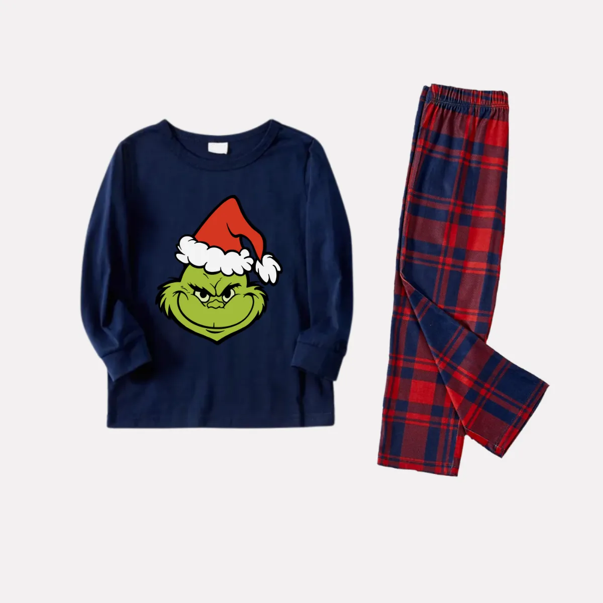 Christmas Cartoon Pattern Print Blue Long Sleeve Top with Red & Blue Plaid Family Matching Pajamas