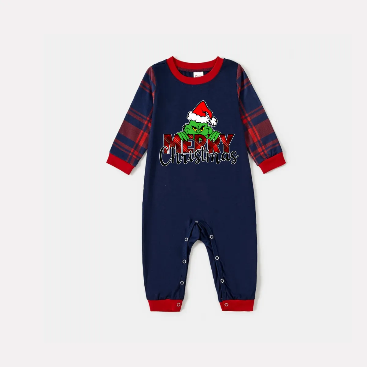 Christmas Catroon Pattern and Text Print Blue Long Sleeve Top with Red & Blue Plaid Christmas Family Matching Pajamas