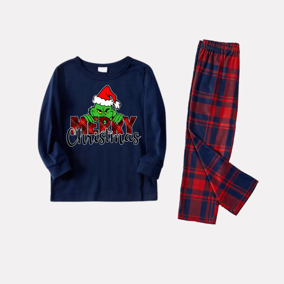 Christmas Catroon Pattern and Text Print Blue Long Sleeve Top with Red & Blue Plaid Christmas Family Matching Pajamas