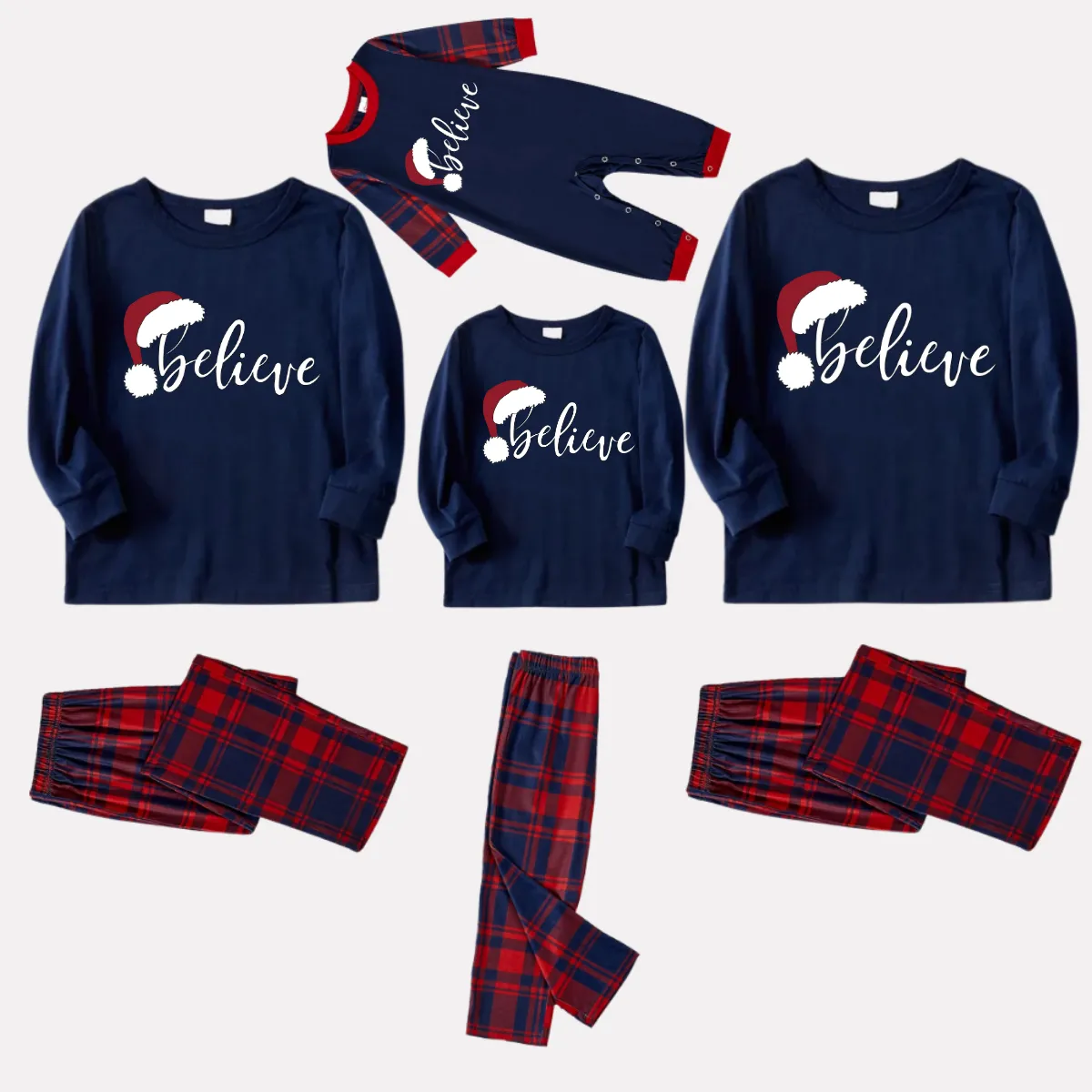 Christmas "Believe" Letter Print Blue Long Sleeve Top with Red & Blue Plaid Christmas Family Matching Pajamas