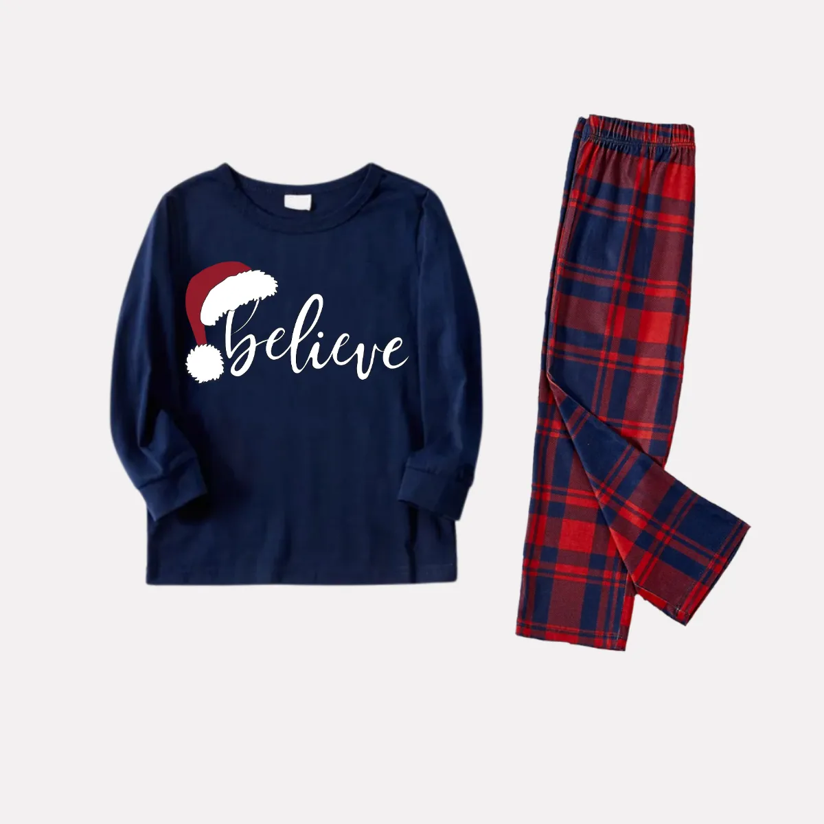 Christmas "Believe" Letter Print Blue Long Sleeve Top with Red & Blue Plaid Christmas Family Matching Pajamas