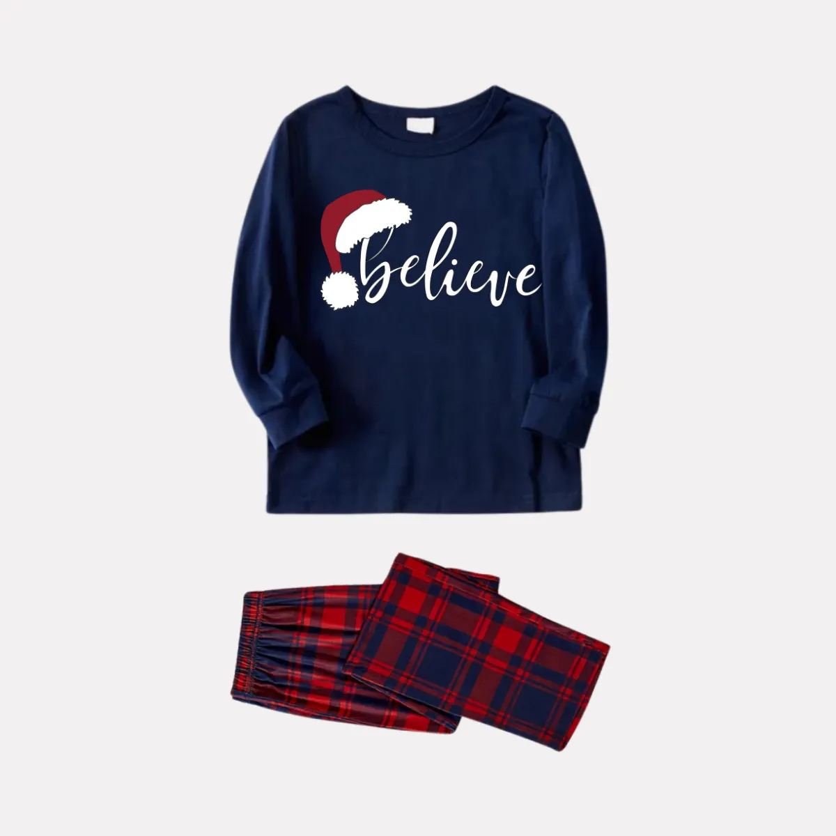 Christmas "Believe" Letter Print Blue Long Sleeve Top with Red & Blue Plaid Christmas Family Matching Pajamas