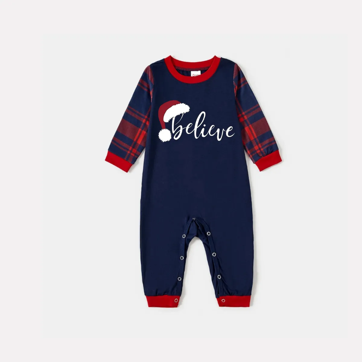 Christmas "Believe" Letter Print Blue Long Sleeve Top with Red & Blue Plaid Christmas Family Matching Pajamas