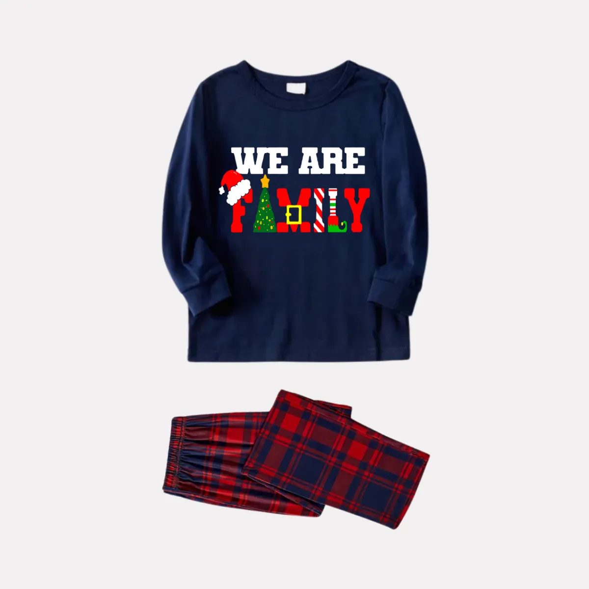 Christmas "We are Family" Text Print Blue Long Sleeve Top with Red & Blue Plaid Family Matching Pajamas