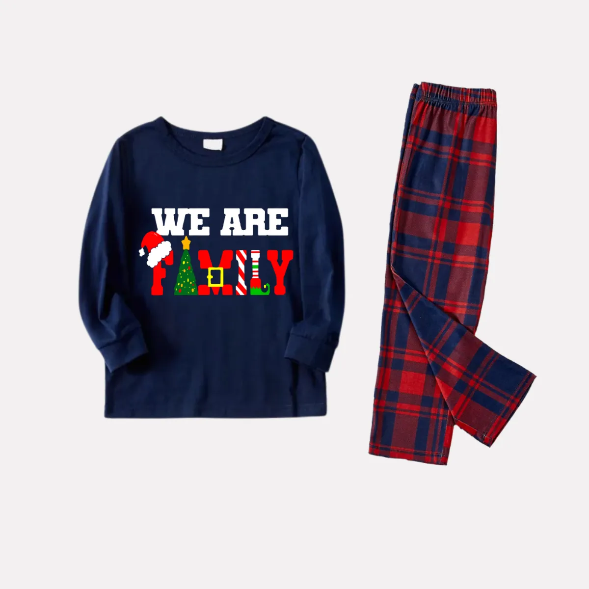 Christmas "We are Family" Text Print Blue Long Sleeve Top with Red & Blue Plaid Family Matching Pajamas