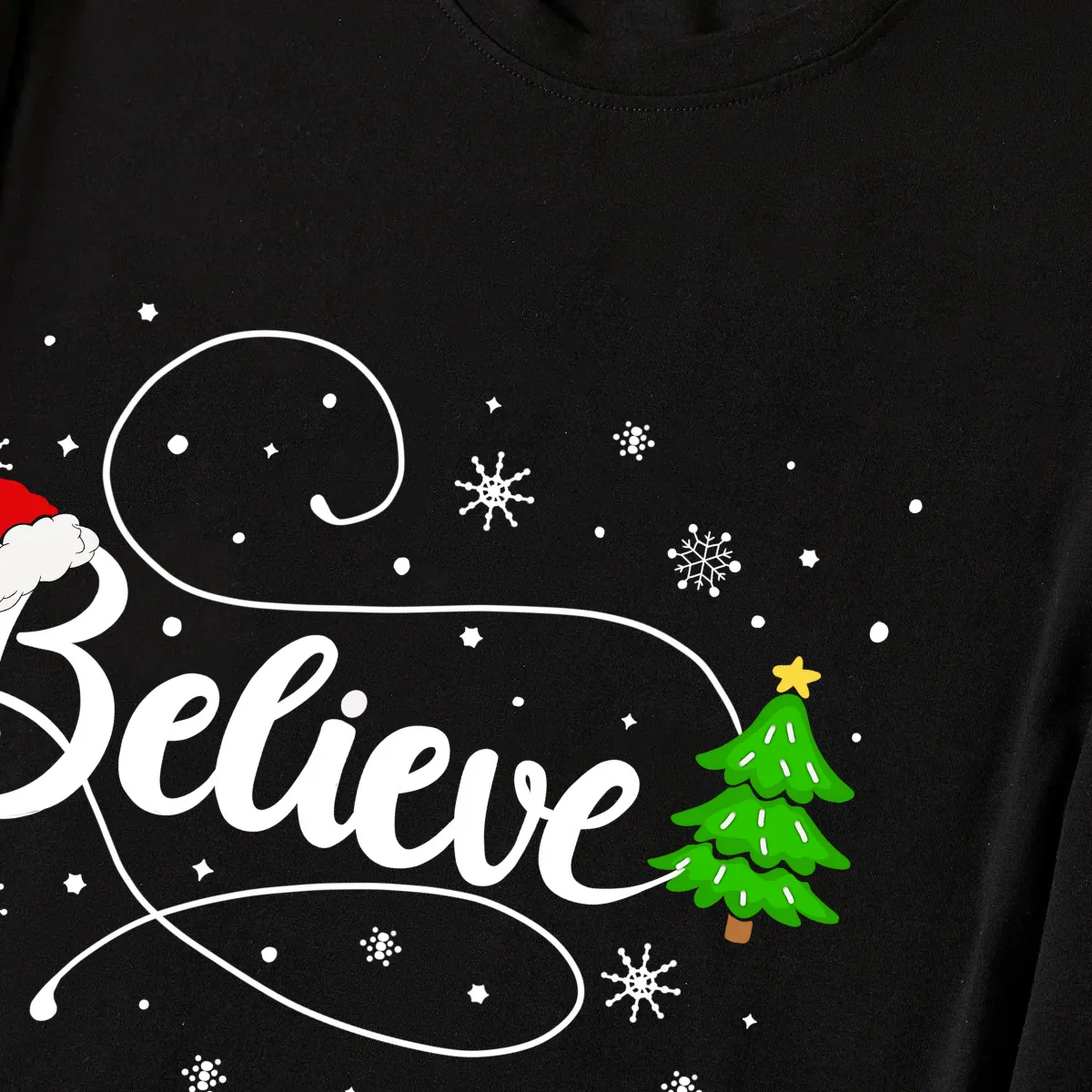 Christmas Tree and "Believe" Text Print Black Long Sleeve Top with Blue & Black Plaid Family Matching Pajamas