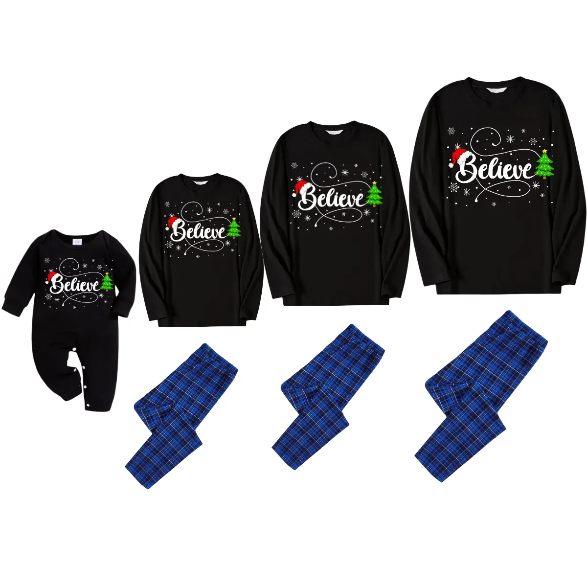 Christmas Tree and "Believe" Text Print Black Long Sleeve Top with Blue & Black Plaid Family Matching Pajamas