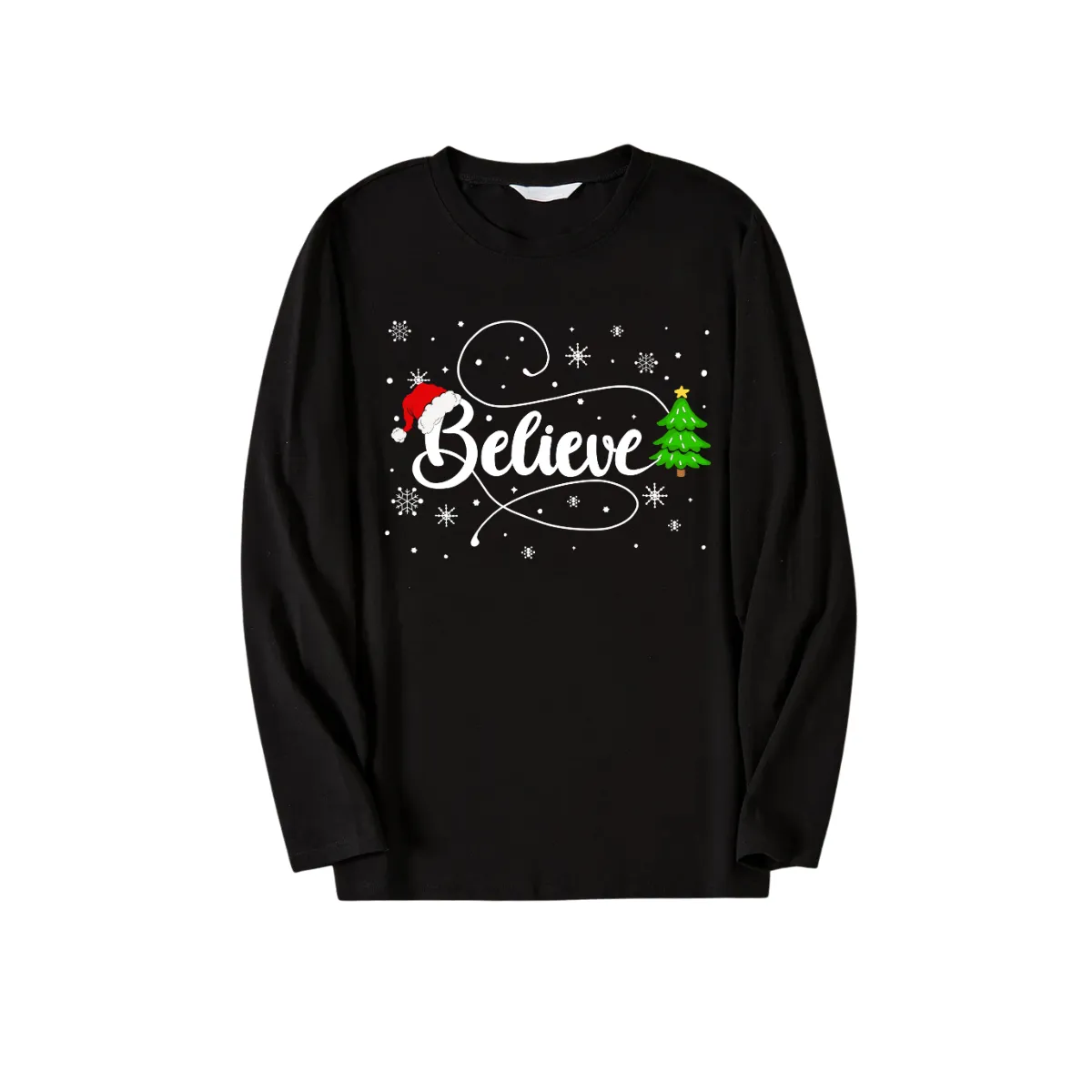 Christmas Tree and "Believe" Text Print Black Long Sleeve Top with Blue & Black Plaid Family Matching Pajamas