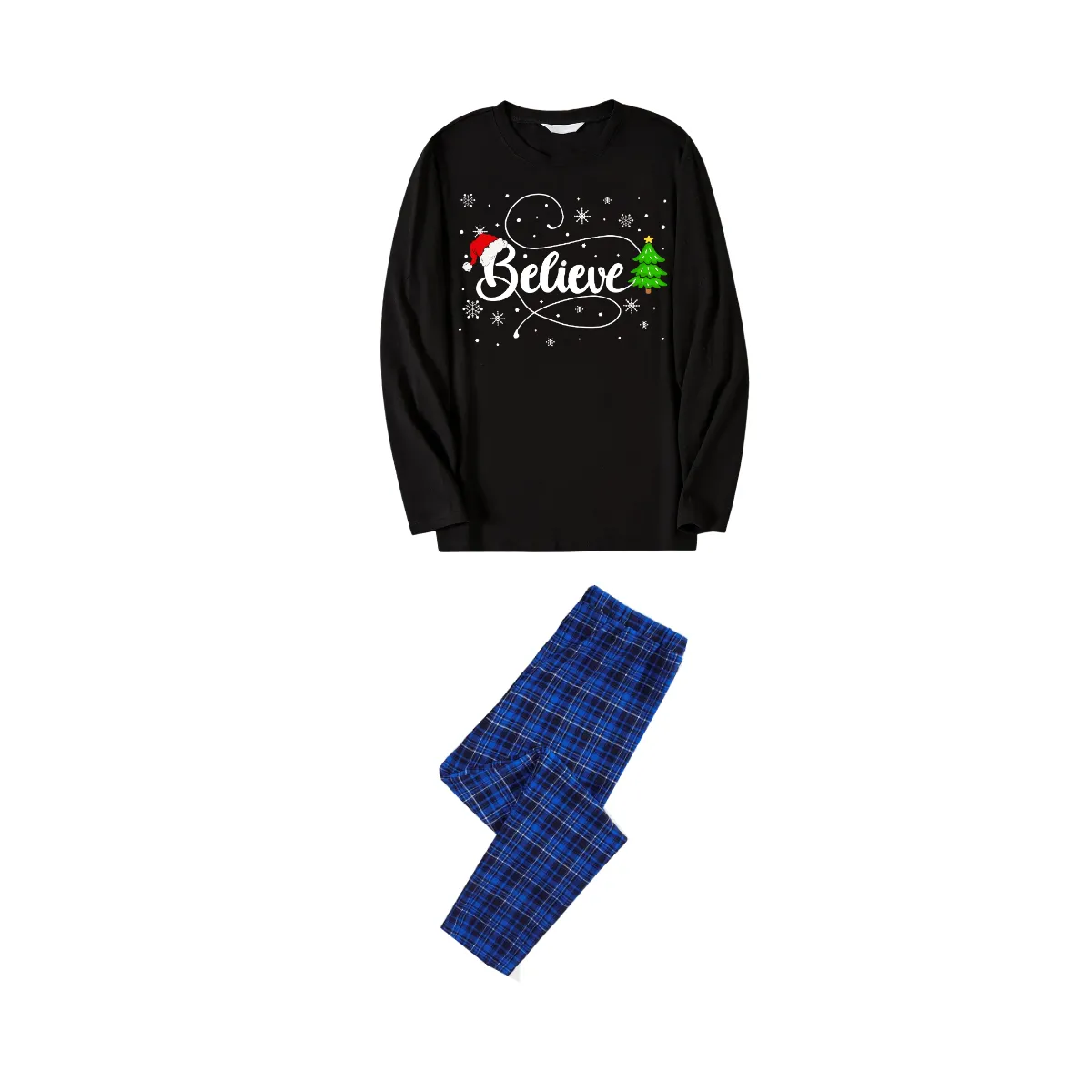 Christmas Tree and "Believe" Text Print Black Long Sleeve Top with Blue & Black Plaid Family Matching Pajamas