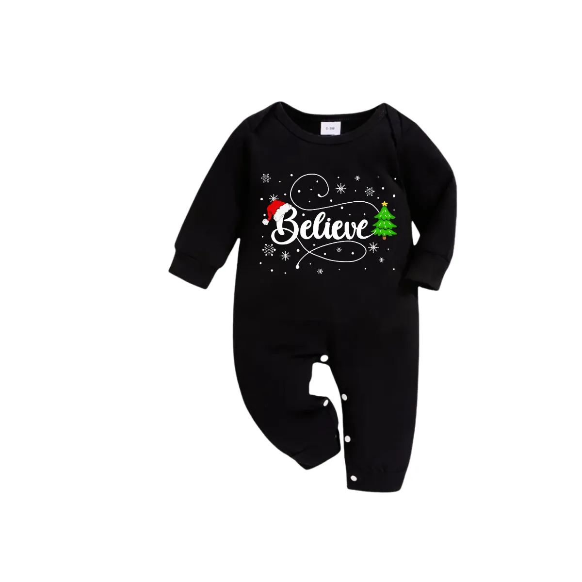 Christmas Tree and "Believe" Text Print Black Long Sleeve Top with Blue & Black Plaid Family Matching Pajamas