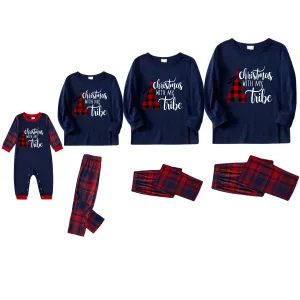 Christmas Tube and Letter Print Blue Long Sleeve Top with Red & Blue Plaid Family Matching Pajamas