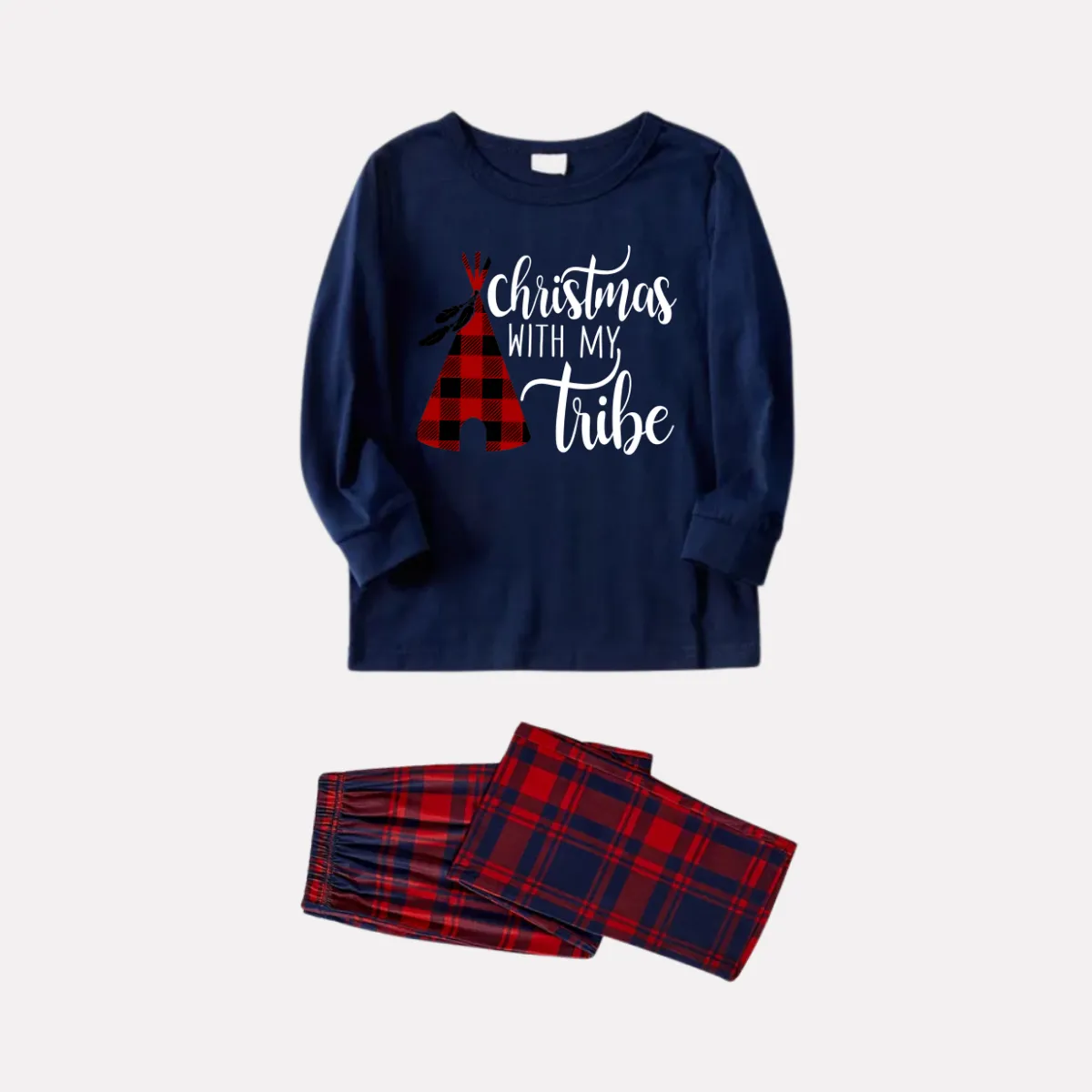 Christmas Tube and Letter Print Blue Long Sleeve Top with Red & Blue Plaid Family Matching Pajamas