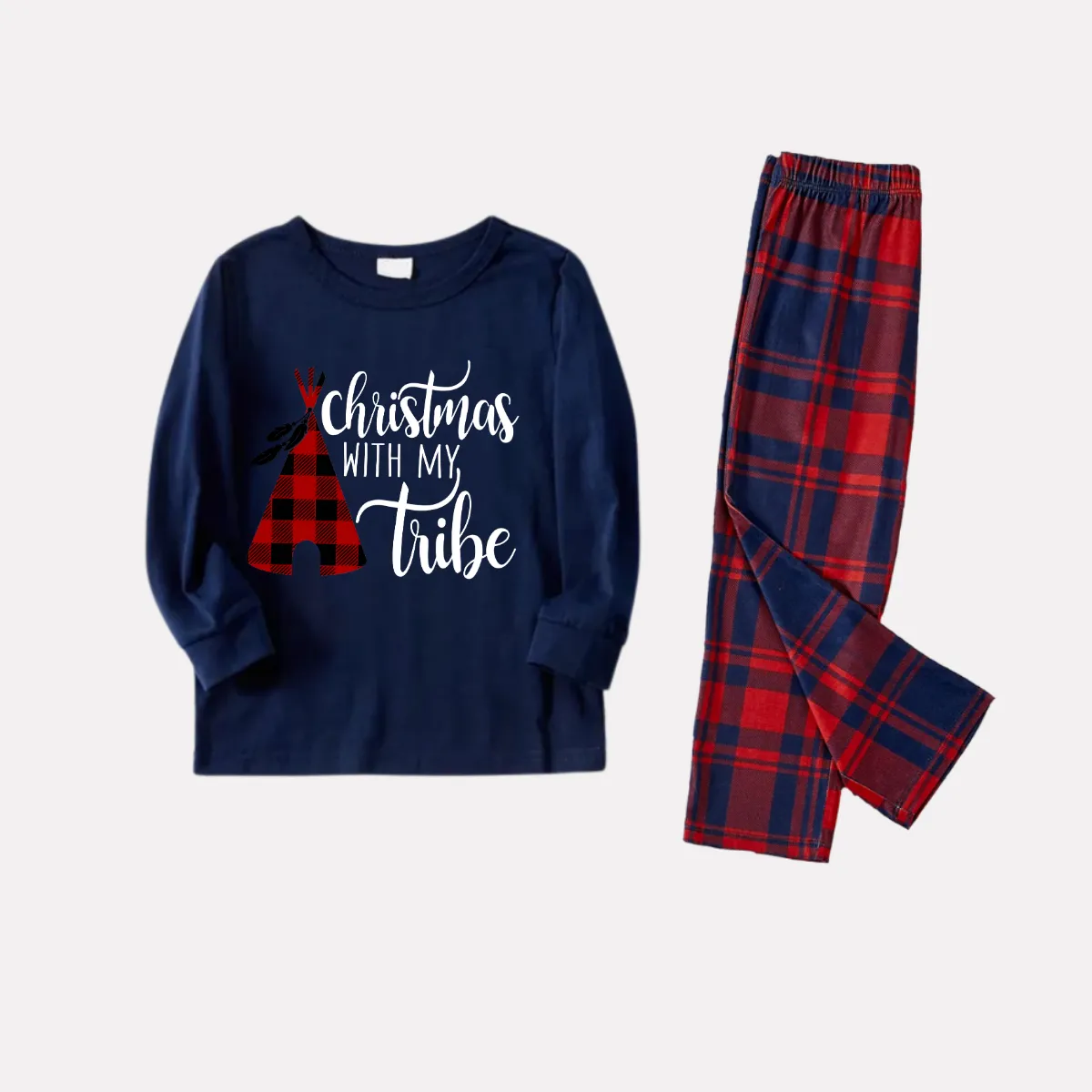 Christmas Tube and Letter Print Blue Long Sleeve Top with Red & Blue Plaid Family Matching Pajamas