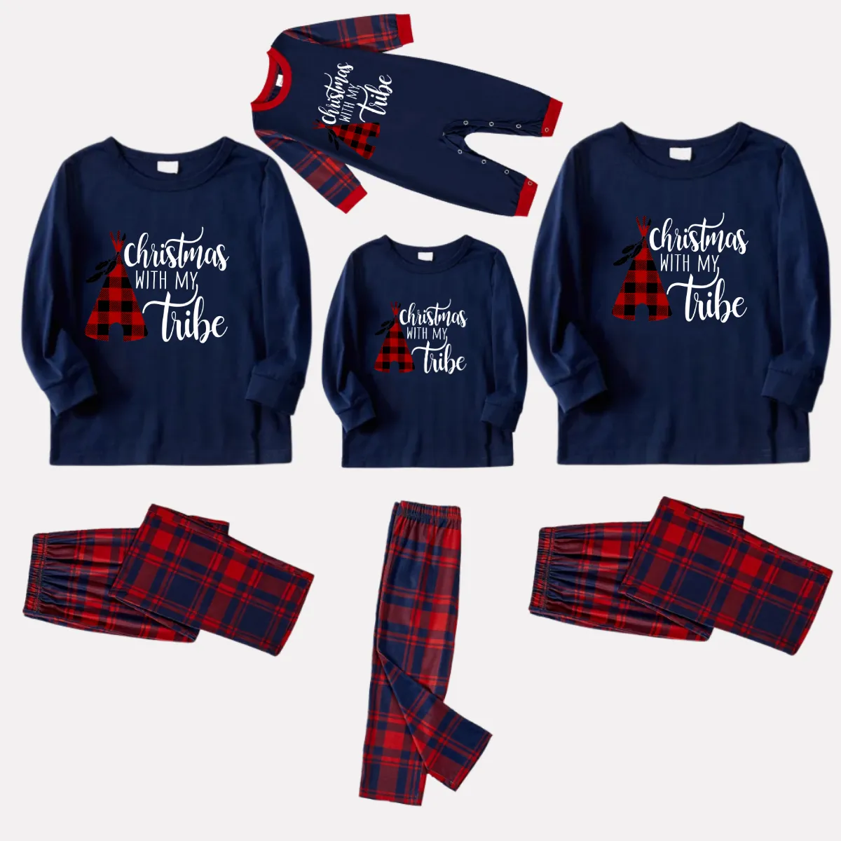 Christmas Tube and Letter Print Blue Long Sleeve Top with Red & Blue Plaid Family Matching Pajamas