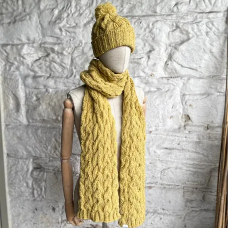 Classic cable hand knit scarf - mustard