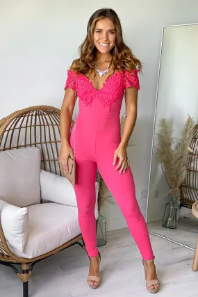 Coral Off Shoulder Jumpsuit With Lace Detail