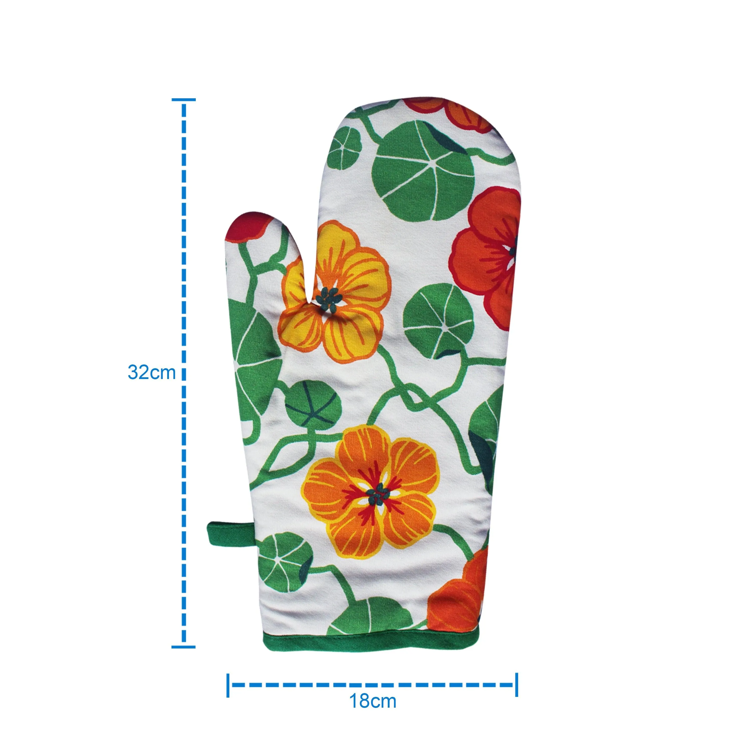 Cotton Green and Orange Flower With Green Piping Oven Gloves Pack Of 2