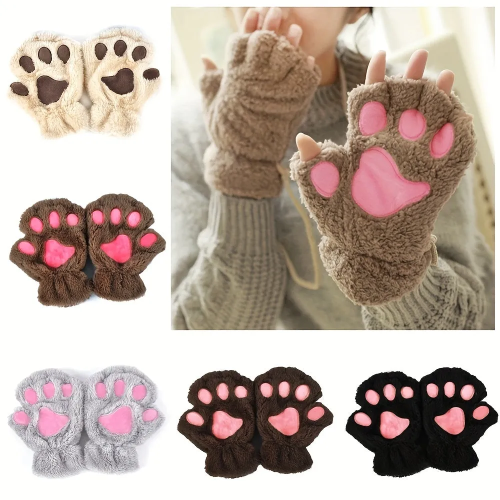 Cozy Cat Paw Fingerless Gloves - Warm, Touchscreen-Compatible, Non-Slip & Embroidered for Casual Chic