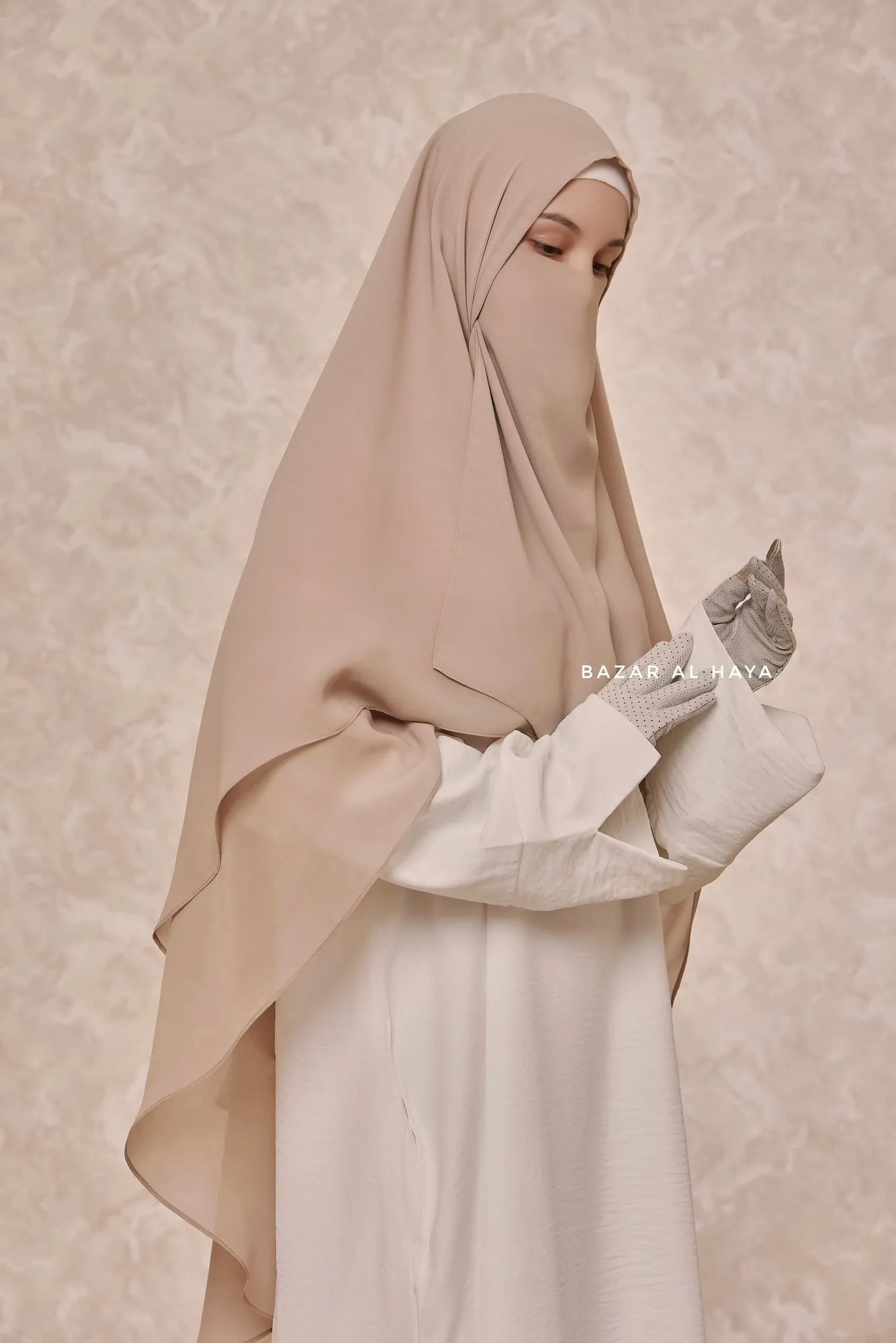 Creme Beige Two Layered Snap Scarf, Khimar, Cape - Super Soft - 3 in 1