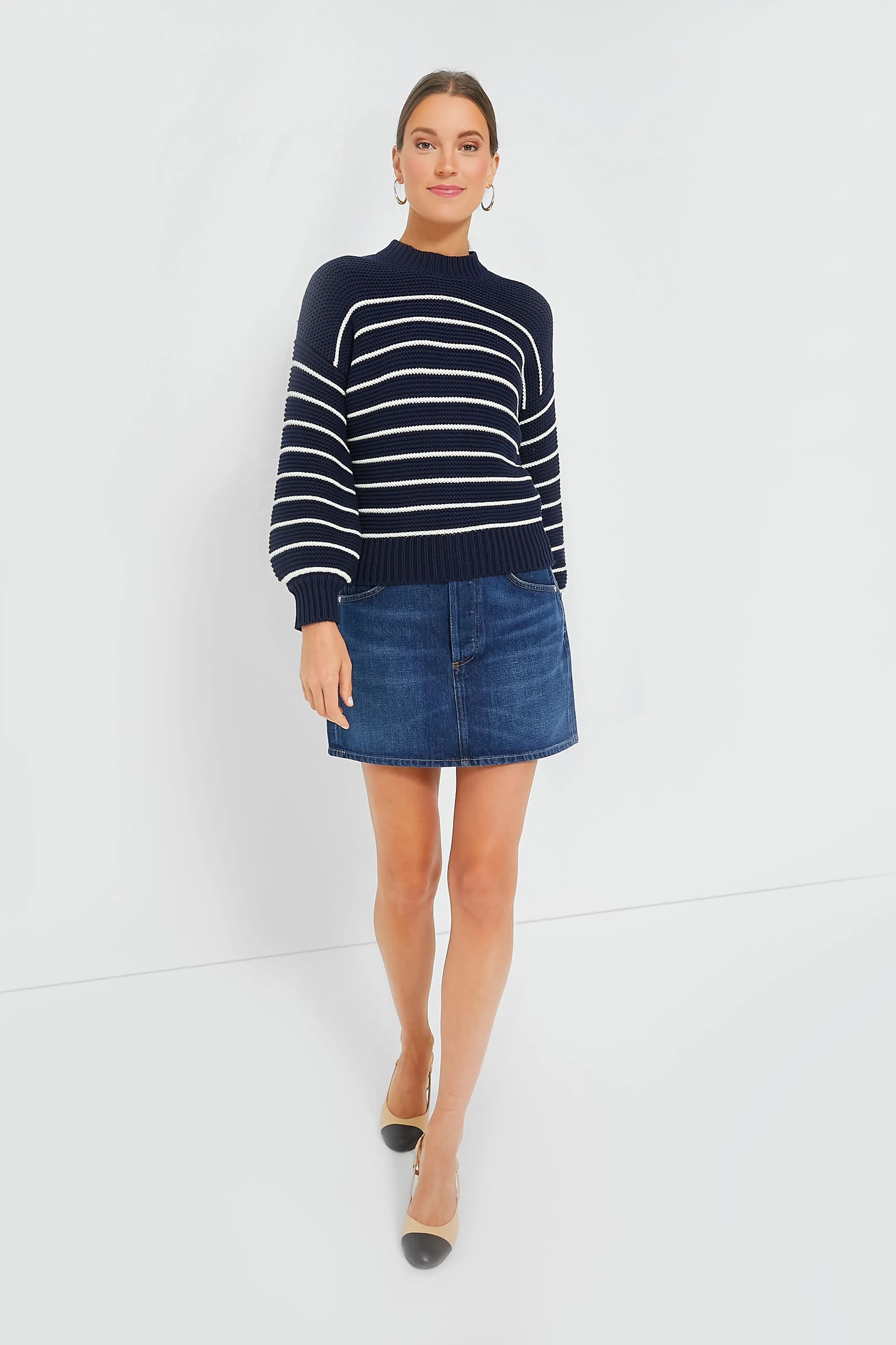 Dark Navy and Ivory Stripe Button Back Crewneck Sweater