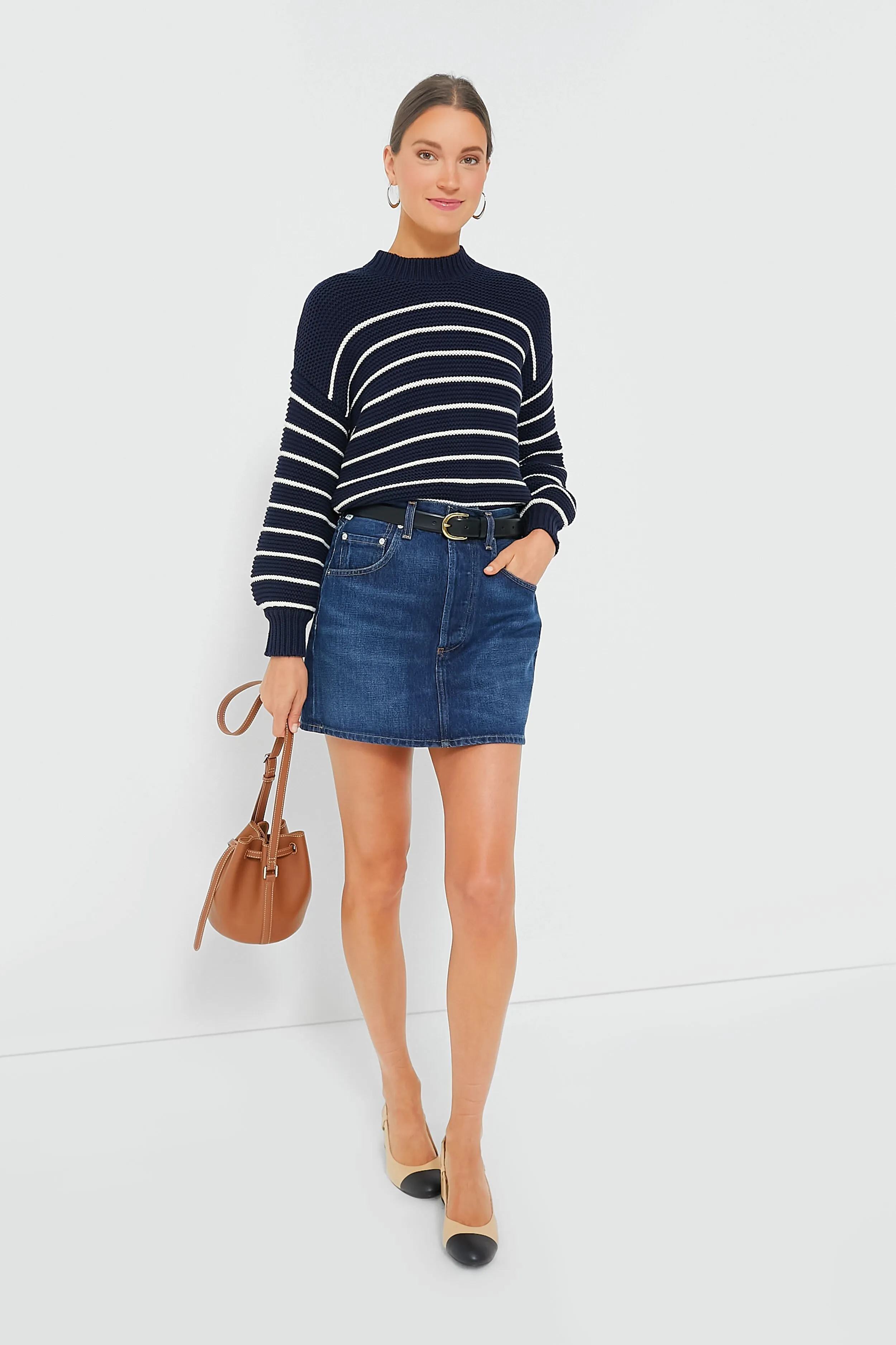 Dark Navy and Ivory Stripe Button Back Crewneck Sweater