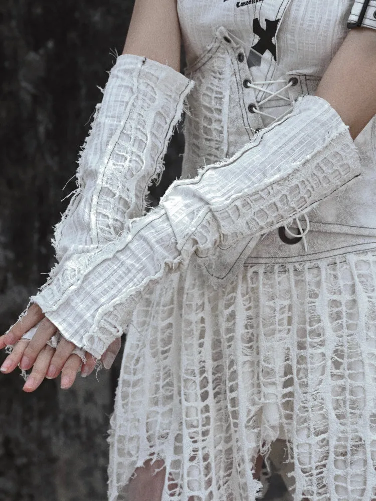 Distressed White Fingerless Gloves