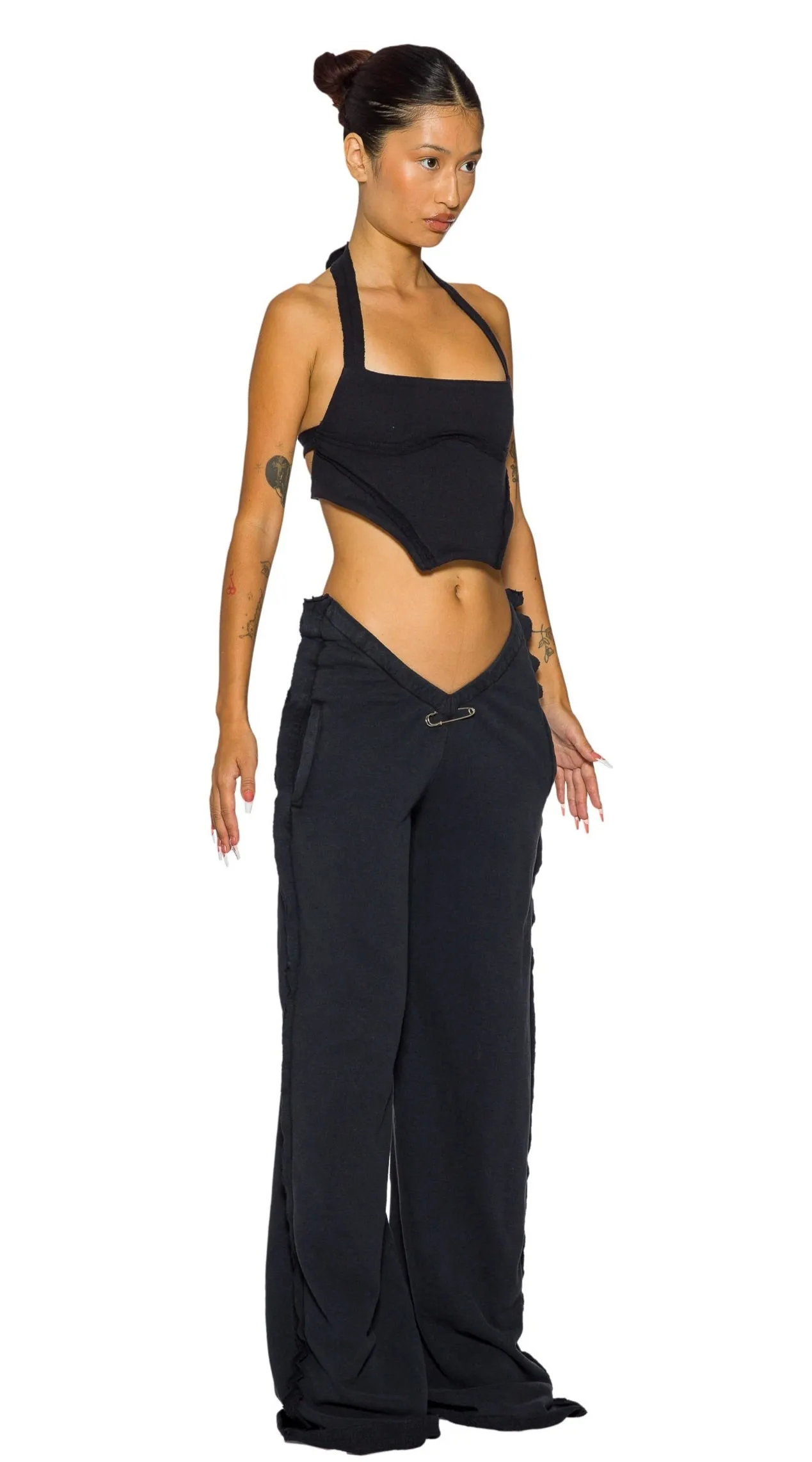 DOUBLE V OPEN SEAM SWEATPANTS IN BLACK TERRY