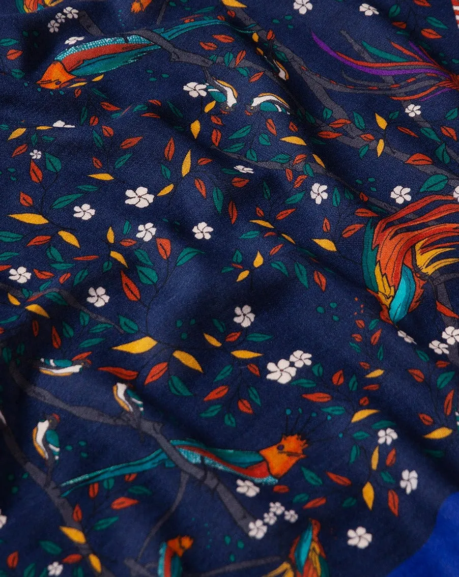 Drake's Birds Of Paradise Print Wool Scarf / Navy