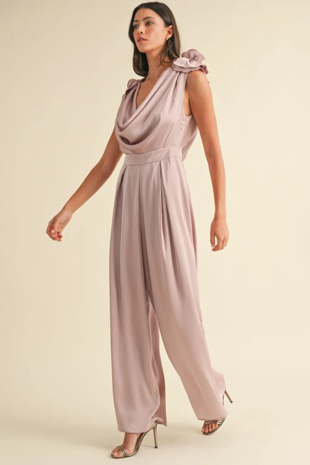 Dusty Mauve Applique Deep Cowl Neck Jumpsuit