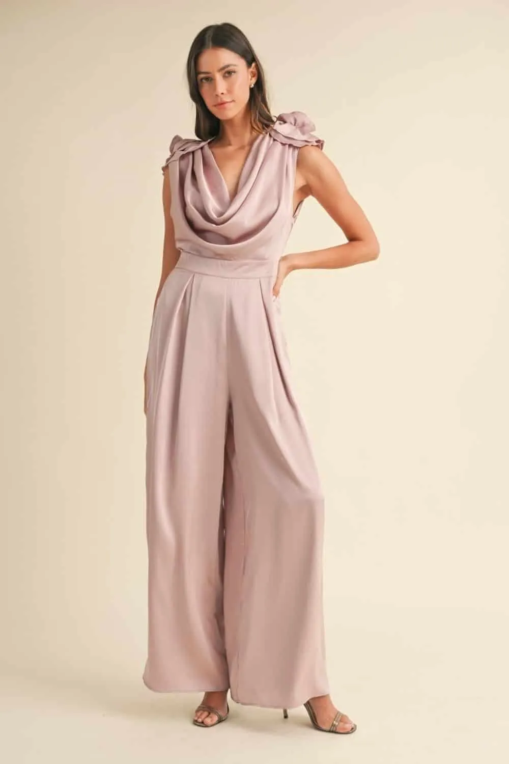 Dusty Mauve Applique Deep Cowl Neck Jumpsuit