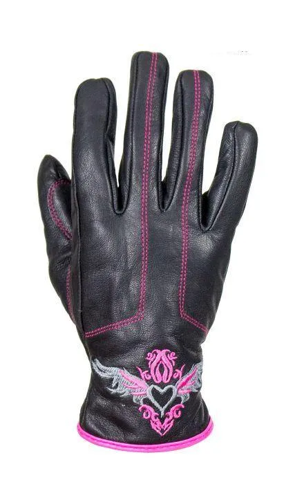 Embroidered Pink Heart Graphic Naked Leather Gloves, GLZ106-EBL1-PINK-DL