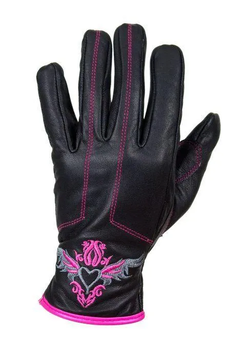 Embroidered Pink Heart Graphic Naked Leather Gloves, GLZ106-EBL1-PINK-DL