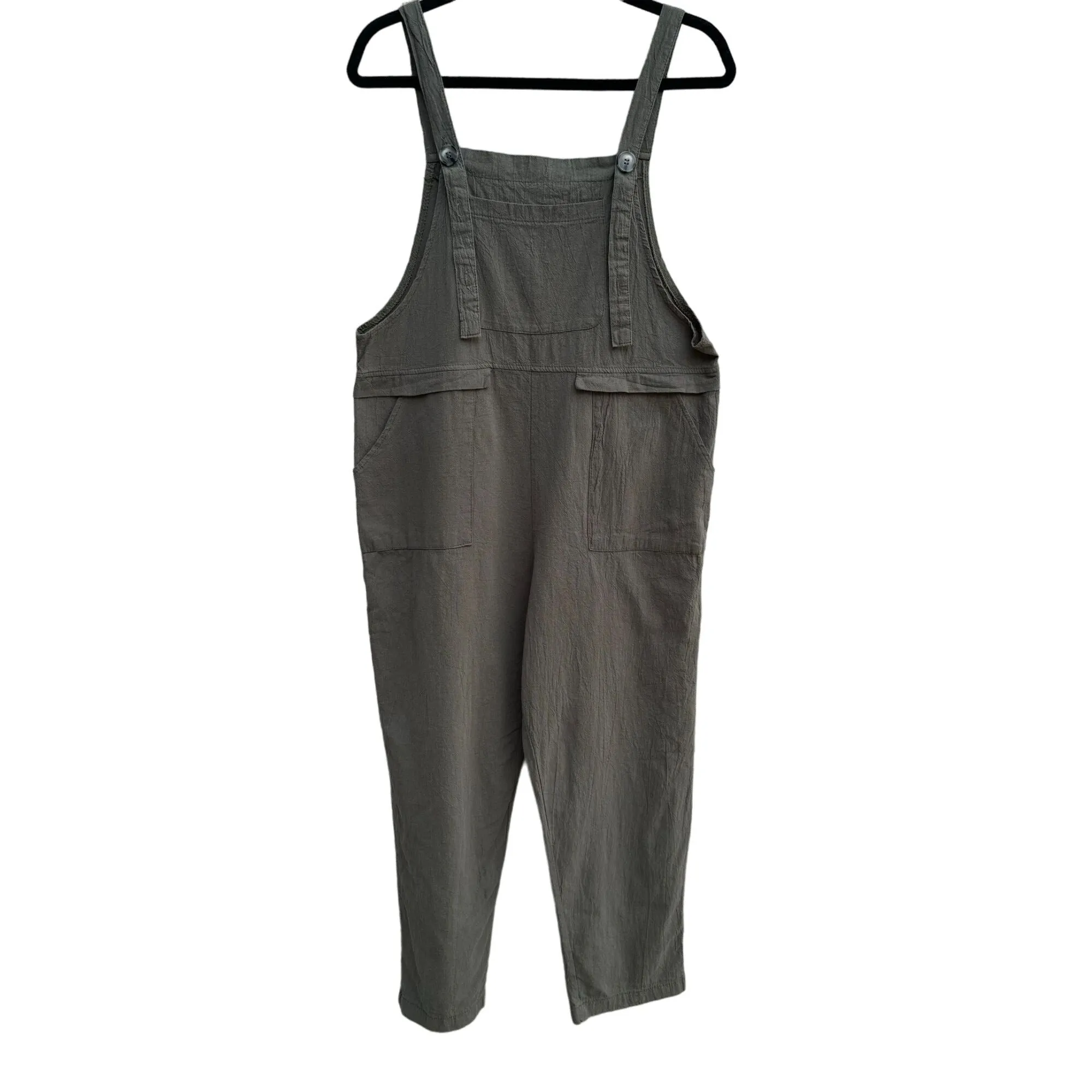 Fashion Green Cotton-Linen Womens Adjustable Straps Pockets Overalls Jumpsuit