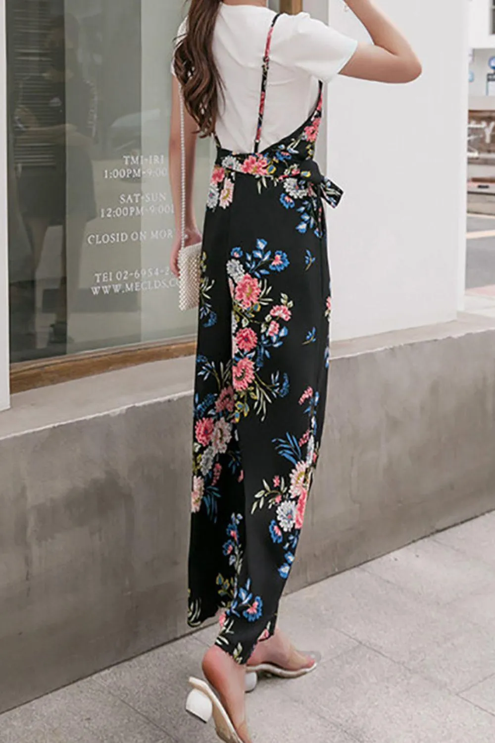 Floral Spaghetti Strap Wide Leg Jumpsuit with Pockets