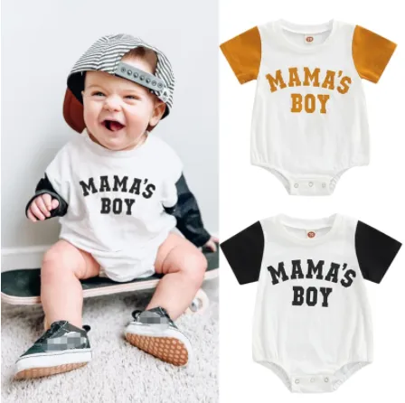 FOCUSNORM 3 Colors Baby Boys Summer Casual Romper 0-18M Letter Printed Short Sleeve Patchwork Jumpsuits