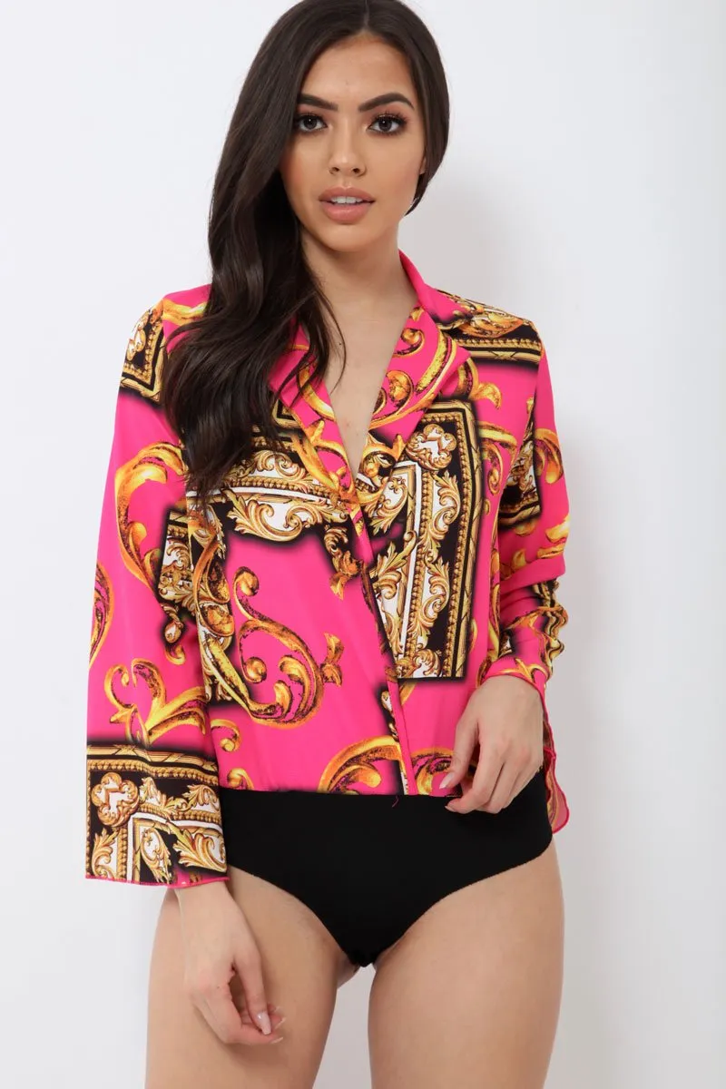 Fuchsia Scarf Print Plunge Bodysuit - Cindy-Lou