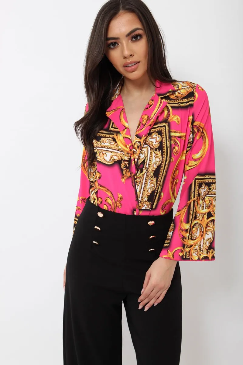 Fuchsia Scarf Print Plunge Bodysuit - Cindy-Lou