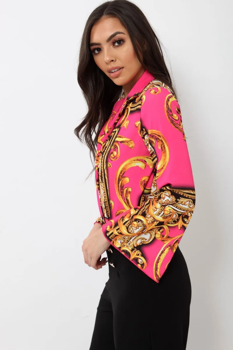 Fuchsia Scarf Print Plunge Bodysuit - Cindy-Lou