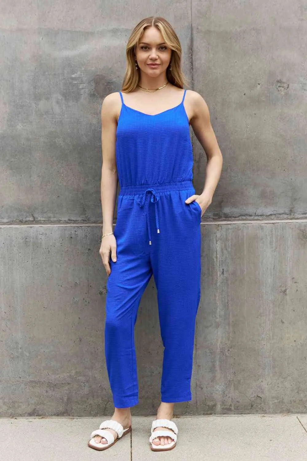 Full Size Textured Woven Jumpsuit in Royal Blue