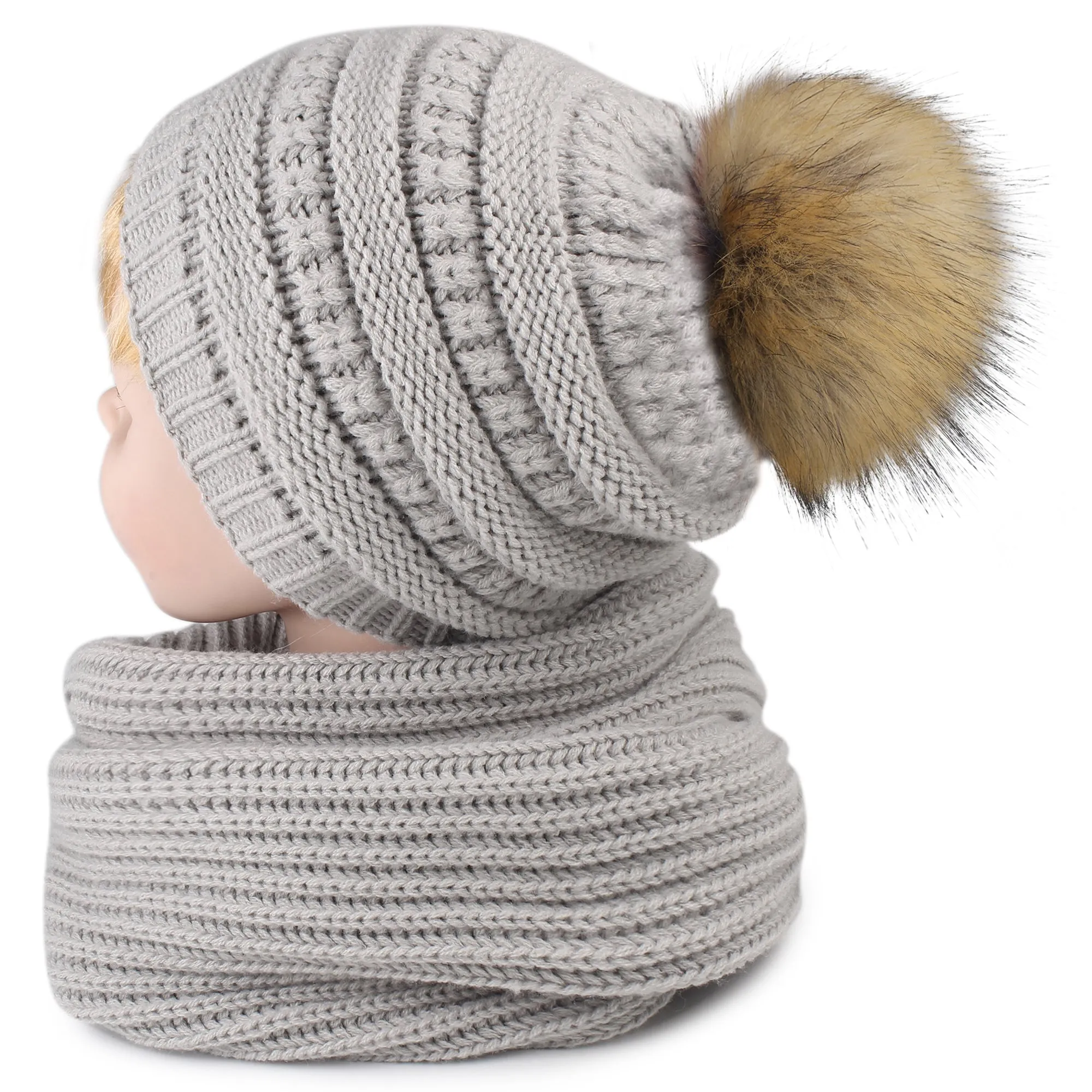 FURTALK  Kids Winter Faux Fur Pom Pom Hat Scarf Set Drop Shipping HTWL011