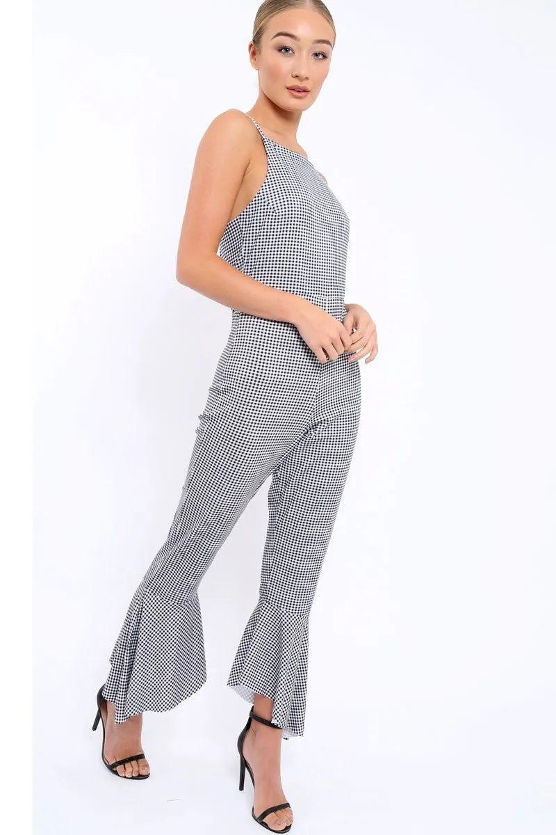 Gingham Cropped Frill Hem Jumpsuit - Sadey