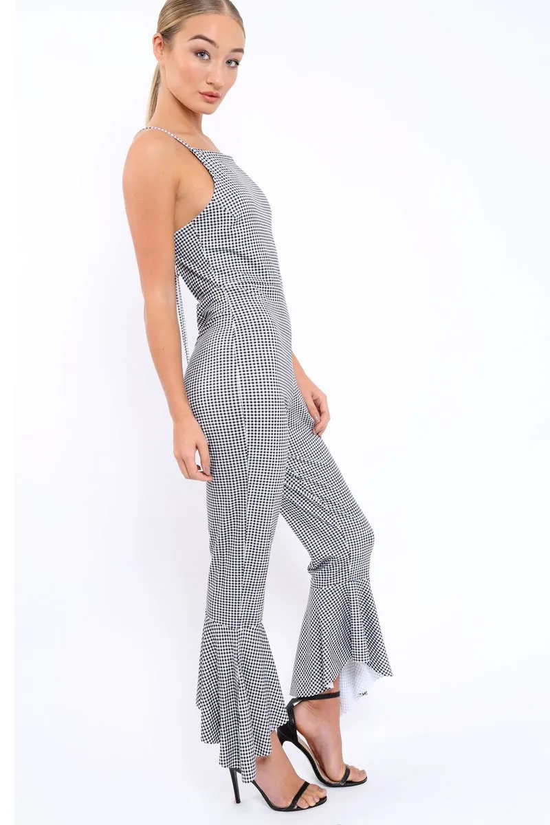 Gingham Cropped Frill Hem Jumpsuit - Sadey